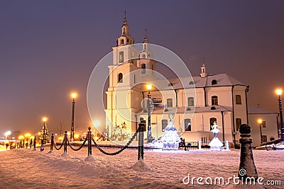 Minsk city at night, Belarus. Scenic main church of Minsk in Christmas time. Beautiful architecture of capital city of Belarus Editorial Stock Photo