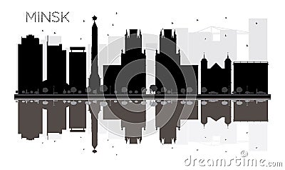 Minsk City skyline black and white silhouette with reflections. Cartoon Illustration