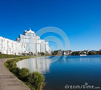 Minsk Downtown View with Svisloch River Stock Photo