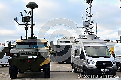 `Groza-S`counter-UAV electronic warfare station mounted by `KB Radar` onto MRAP Volat-V1 MZKT-490100 Editorial Stock Photo