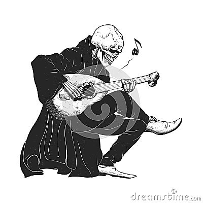 Minstrel playing guitar,grim reaper musician cartoon,gothic skull Cartoon Illustration