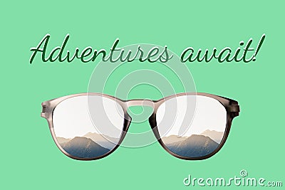 On a mint background glasses collage mountains Stock Photo