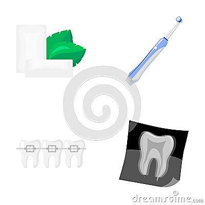 Mint chewing gum with mint leaves, toothbrush with bristles, bregettes with teeth, X-ray of the tooth. Dental care set Vector Illustration