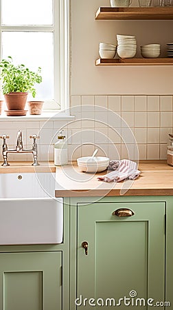 Mint cottage kitchen interior design, home decor and house improvement, English in frame kitchen cabinets in a country house Stock Photo