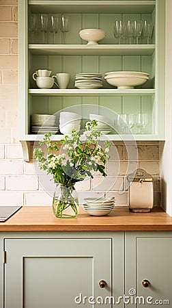 Mint cottage kitchen interior design, home decor and house improvement, English in frame kitchen cabinets in a country house Stock Photo