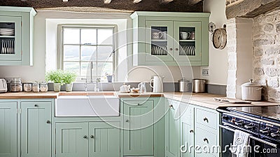 Mint cottage kitchen interior design, home decor and house improvement, English in frame kitchen cabinets in a country house Stock Photo