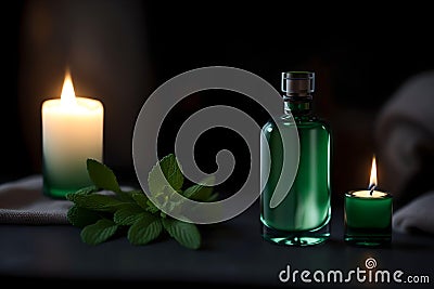 Mint essential oil in a glass bottle with fresh mint leaves and burning candles on black background. Stock Photo