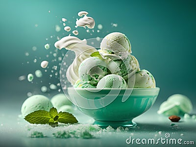 Delicious Mint gelato ice cream, floating, refreshing frozen dessert. Cinematic advertising photography Stock Photo