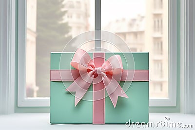 Mint gift box with pink bow on background of the city. Generative AI Stock Photo