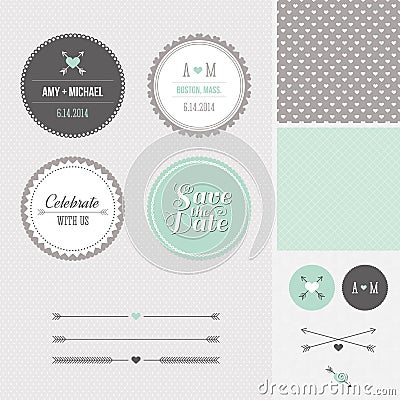 Mint + Gray Save the Date Wedding Graphic Set Vector Illustration