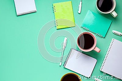 mint green background copy space with work accessories Stock Photo