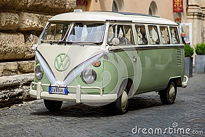 Mint green classic vintage Volkswagen camper van for weddings Rome Italy Editorial Stock Photo