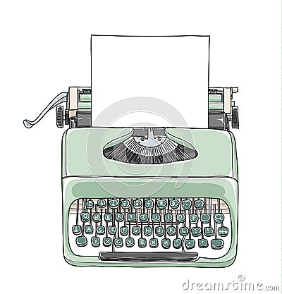 Mint green vintage typewriter portable retro with paper Vector Illustration