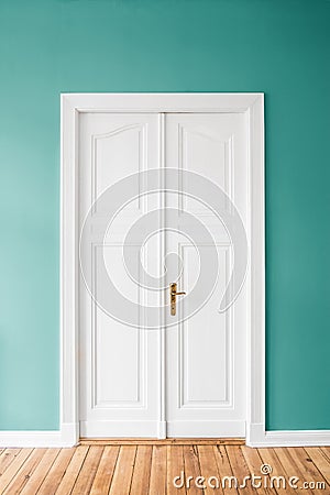 Mint green walls and wooden door in apartment Stock Photo