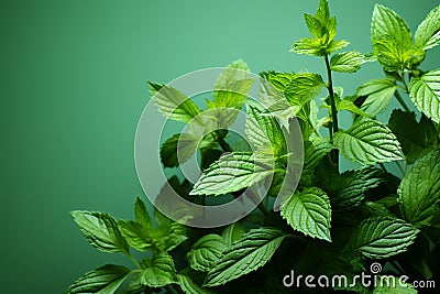 Mint leaves arranged against a soft green background, offering room for text Stock Photo