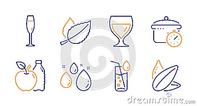 Mint leaves, Wine glass and Boiling pan icons set. Water glass, Apple and Water drop signs. Vector Vector Illustration