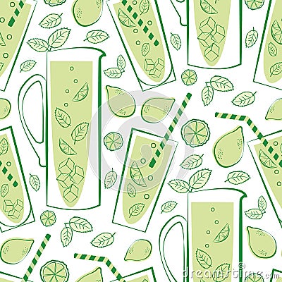 Mint lemonade glass vector seamless pattern background. Retro green white backdrop with line art style pitcher, drinks Stock Photo