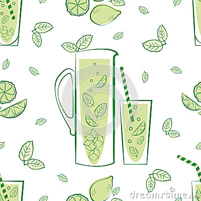 Mint lemonade pitcher and glass vector seamless pattern background. Retro green white backdrop with line art style jug Stock Photo