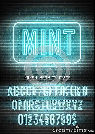 Mint sign and blue neon narrow bold font with numbers on vector dark brick wall background. Bright night light alphabet Vector Illustration