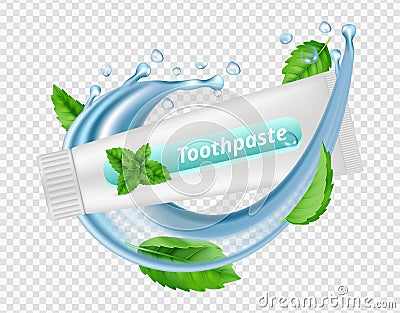 Mint toothpaste. Water splash, mint leaves, toothpaste tube isolated on transparent background. Dental vectot Vector Illustration