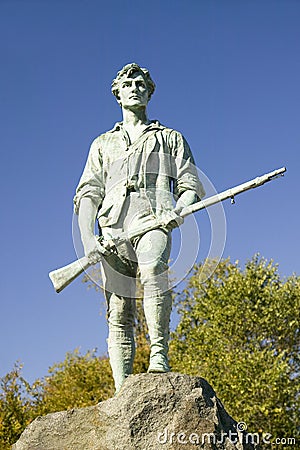 Minuteman soldier from Revolutionary War greets visitors to Historical Lexington, Massachusetts, New England Editorial Stock Photo