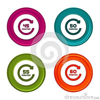 45, 50, 55 and 60 Minutes rotation icons. Timer symbols. Colorful web button with icon Vector Illustration