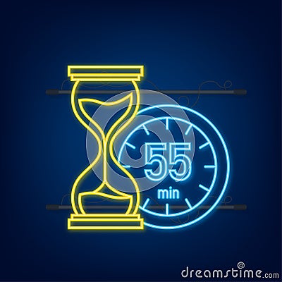 The 55 minutes, stopwatch vector neon icon. Stopwatch icon in flat style, timer on on color background. Vector Vector Illustration