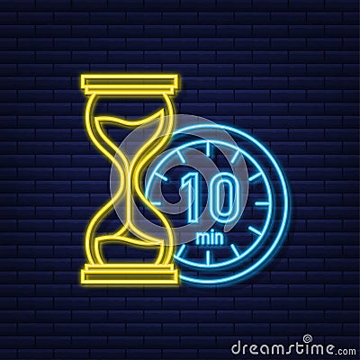 The 10 minutes, stopwatch vector neon icon. Stopwatch icon in flat style, timer on on color background. Vector Vector Illustration