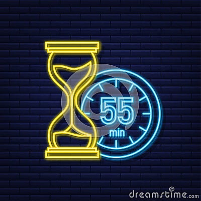 The 55 minutes, stopwatch vector neon icon. Stopwatch icon in flat style, timer on on color background. Vector Vector Illustration