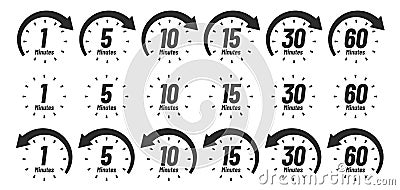 Minutes time icon. Analog clock Icons, 1 5 10 15 30 60 minute clocks and minutes ago sign vector set Vector Illustration