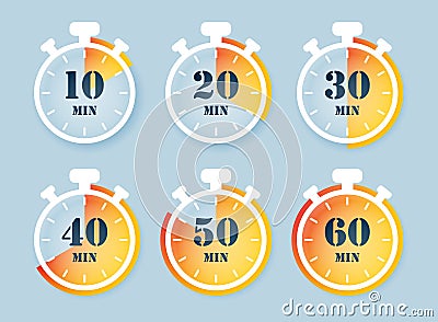 From 10 minutes to 60 minutes on stopwatch icon set collection in flat style. Clock face timer vector illustration on isolated Vector Illustration