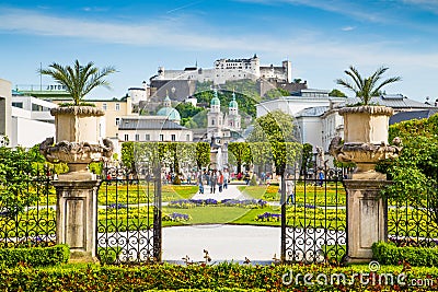 Mirabell Gardens with Fortress Hohensalzburg in Salzburg, Austria Editorial Stock Photo