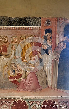 Miracle of the saint, detail from St Peter of Verona preaching, fresco in Santa Maria Novella church in Florence Editorial Stock Photo