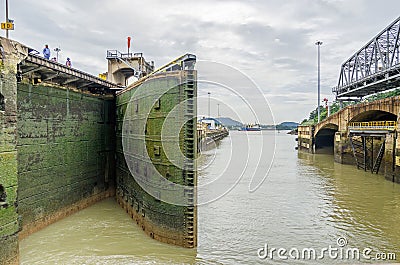 Miraflores Locks of the Panama Canal with lock gates closing Stock Photo