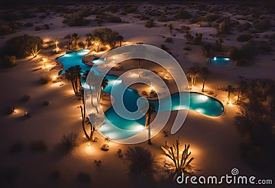 a mirage hot desert oasis remote palms sandy sand dune ripples dry dunes isolated scenery arid climate wilderness extreme sunny Stock Photo