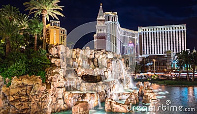 Mirage Hotel and Casino waterfall at night Editorial Stock Photo