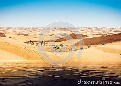 Mirage of the water in the Arabian desert. Camels in background Stock Photo