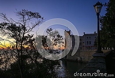 Miramare castle at sunset, Trieste. View of Miramare castle at sunset, Trieste Stock Photo