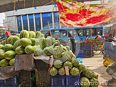 Mirpur, Dhaka, Bangladesh - 03.20.2023: Fresh new season Watermelon brought to the local market of Dhaka, Bangladesh. Watermelon Editorial Stock Photo
