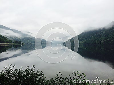 Norway Mirror Beautiful Nature Fog Summer Calmness Norway Stock Photo