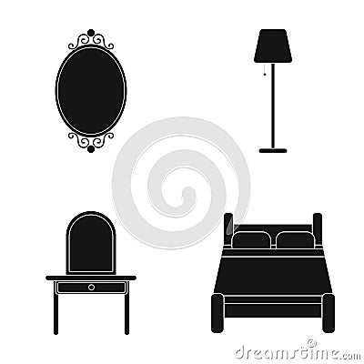 Mirror, drawer, table lamp, bed.Furniture set collection icons in black style vector symbol stock illustration web. Vector Illustration