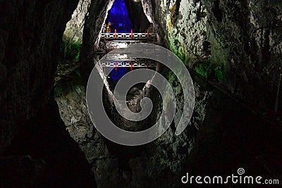 Colorful reflections at underground salt mine Cathedral Zipaquira in Nemocon, Colombia Editorial Stock Photo