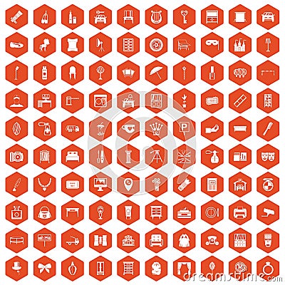 100 mirror icons hexagon orange Vector Illustration