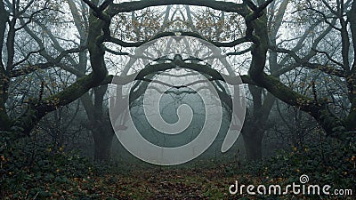 A mirror image of a spooky forest framed with Oak trees and twisted branches. On a creepy foggy winters day Stock Photo