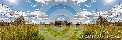 Mirror image view of village landscape under sunny blue sky in summer Stock Photo