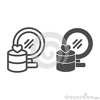 Mirror and jewellery line and solid icon. Gift box with heart and makeup glass symbol, outline style pictogram on white Vector Illustration