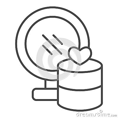 Mirror and jewellery thin line icon. Gift box with heart and makeup glass symbol, outline style pictogram on white Vector Illustration