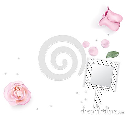 Mirror, pink roses, rose petals on white background. Flat lay. Feminine background Vector Illustration