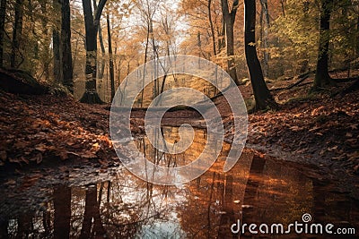 Mirror Reflections of a Rustic Autumn Forest Stock Photo