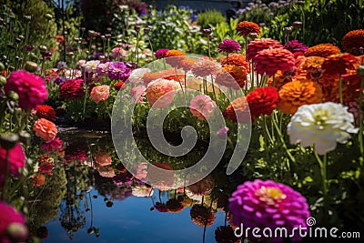 Mirror Reflections of a Vibrant Flower Garden Stock Photo